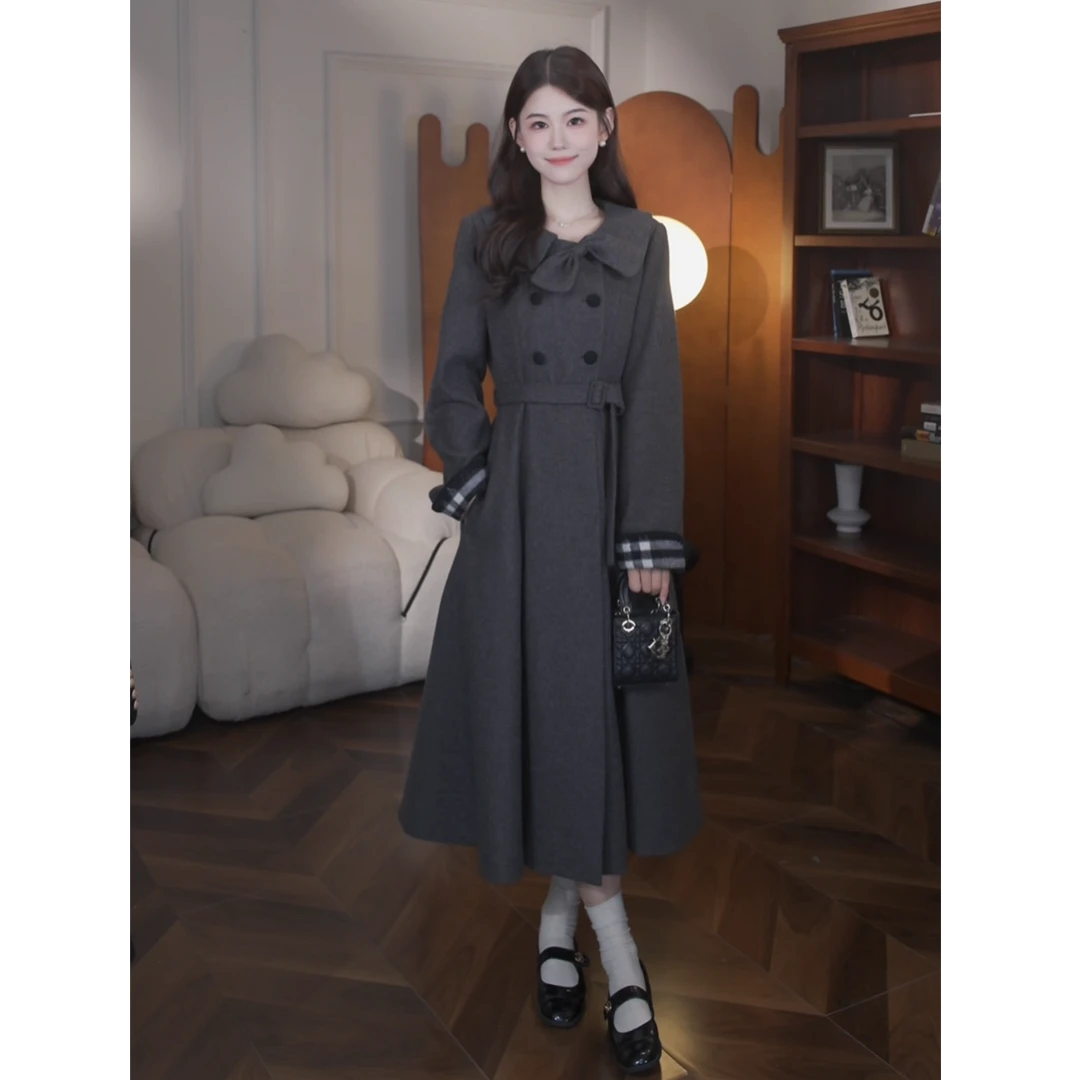 鹿向南【墨染千山】冬季厚款保暖外套韩系深灰色两穿大衣/连衣裙