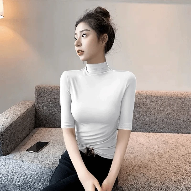 【专柜正品】半高领五分袖T恤百搭显瘦时尚纯色半袖打底衫女秋冬