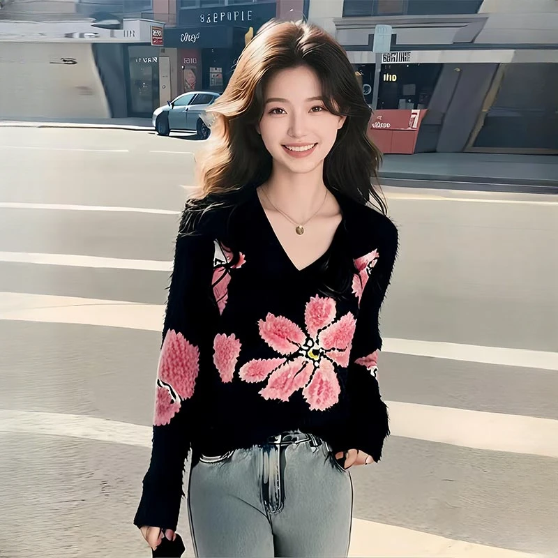 香朵儿轻奢小众高级感女装花朵针织衫2025春秋新款慵懒风V领毛衣