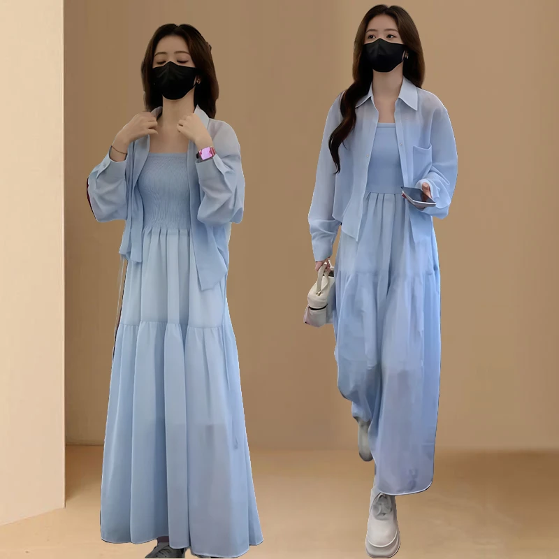 纯欲风气质套装女2025年夏季新款翻领长袖衬衣褶皱吊带裙两件套潮