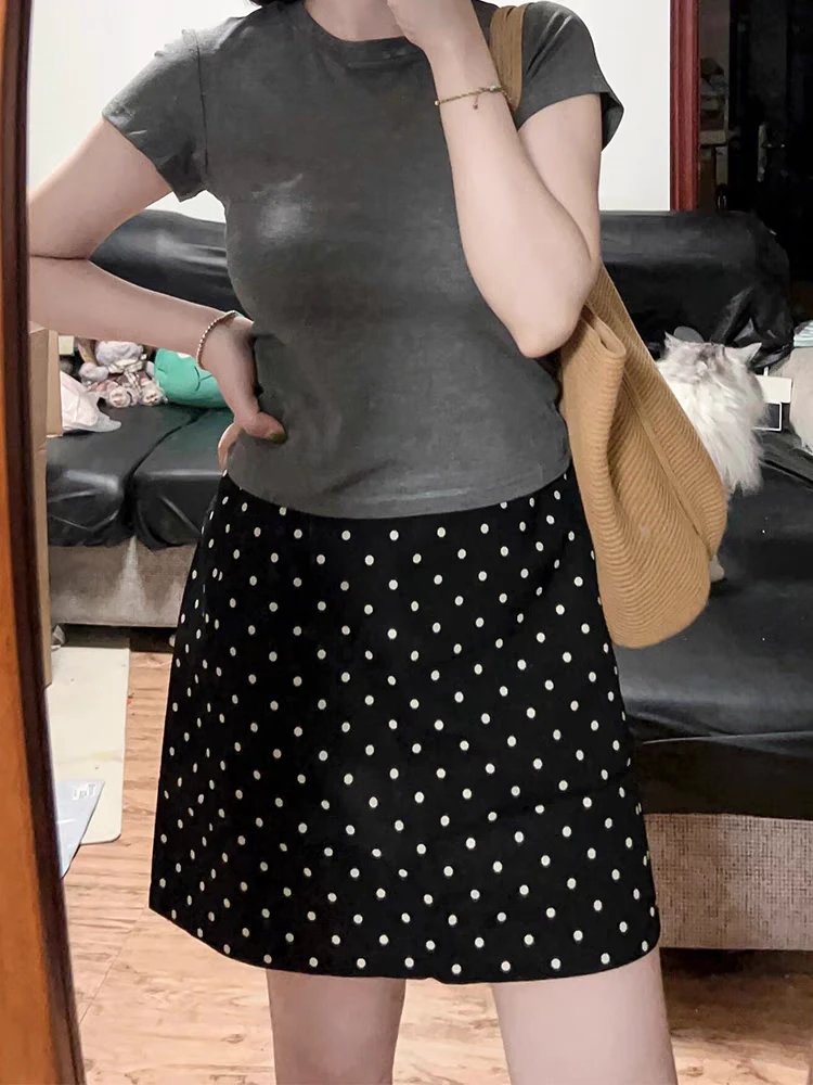 （LINGLING）黑色波点西装短裙女夏季薄遮肚显瘦梨形身材a字半身裙
