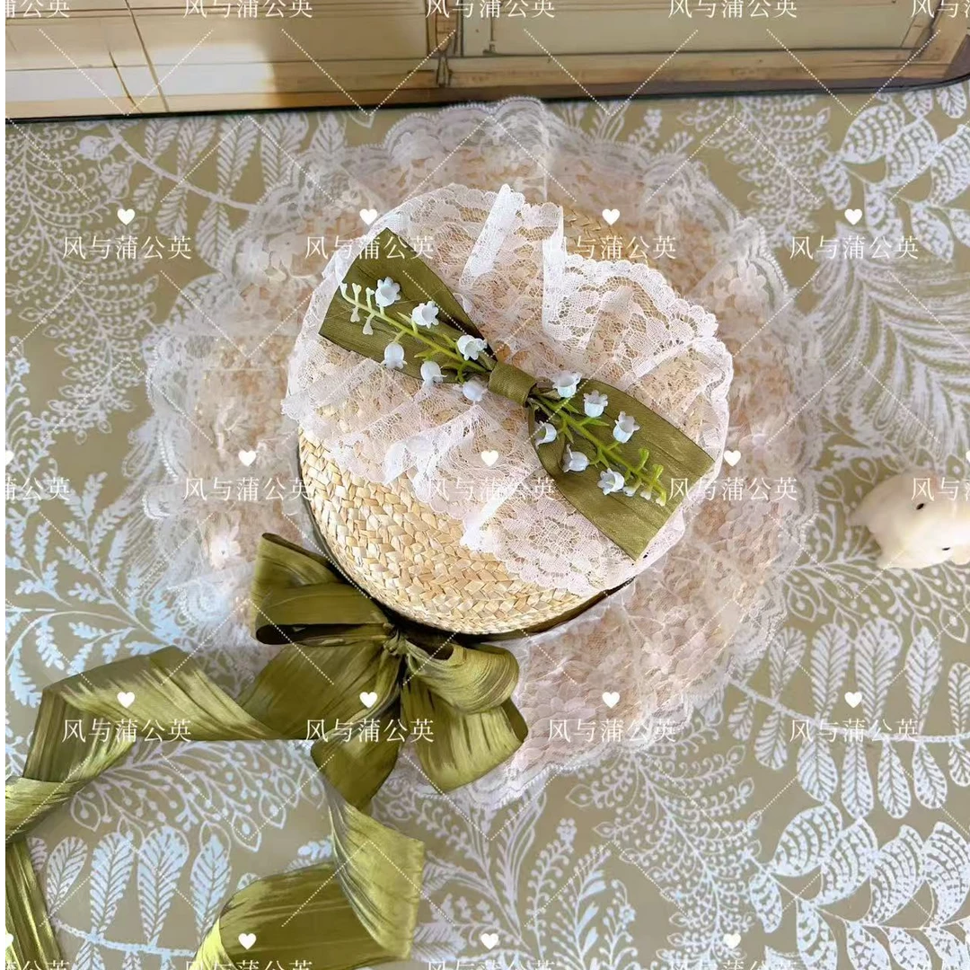 原创法式蓝铃花白色蕾丝草帽甜美蝴蝶结公主风遮阳帽帽子太阳帽