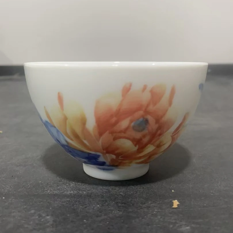 景德镇昱器牡丹花鸡心杯微瑕