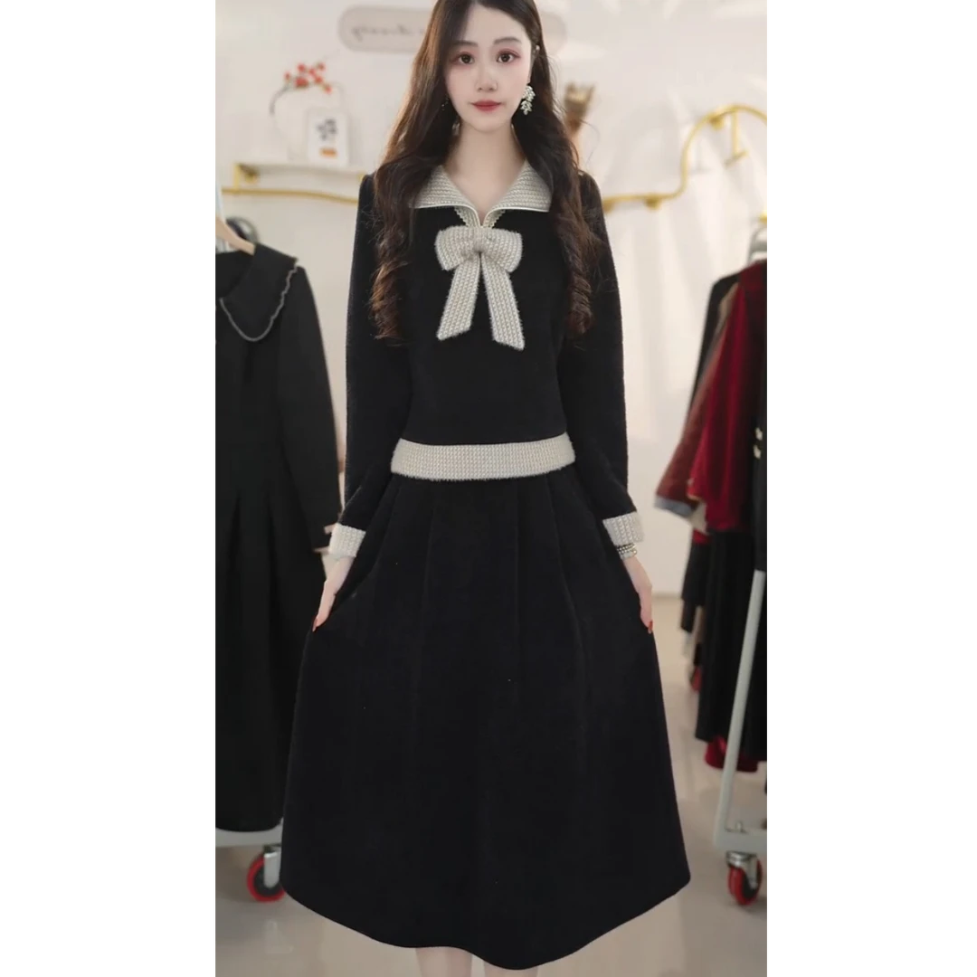 2025秋冬新款韩系休闲风套装女蝴蝶结洋气上衣裙子套裙Y871120