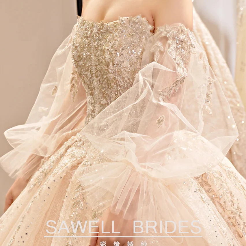 法式一字肩长袖大拖尾裙