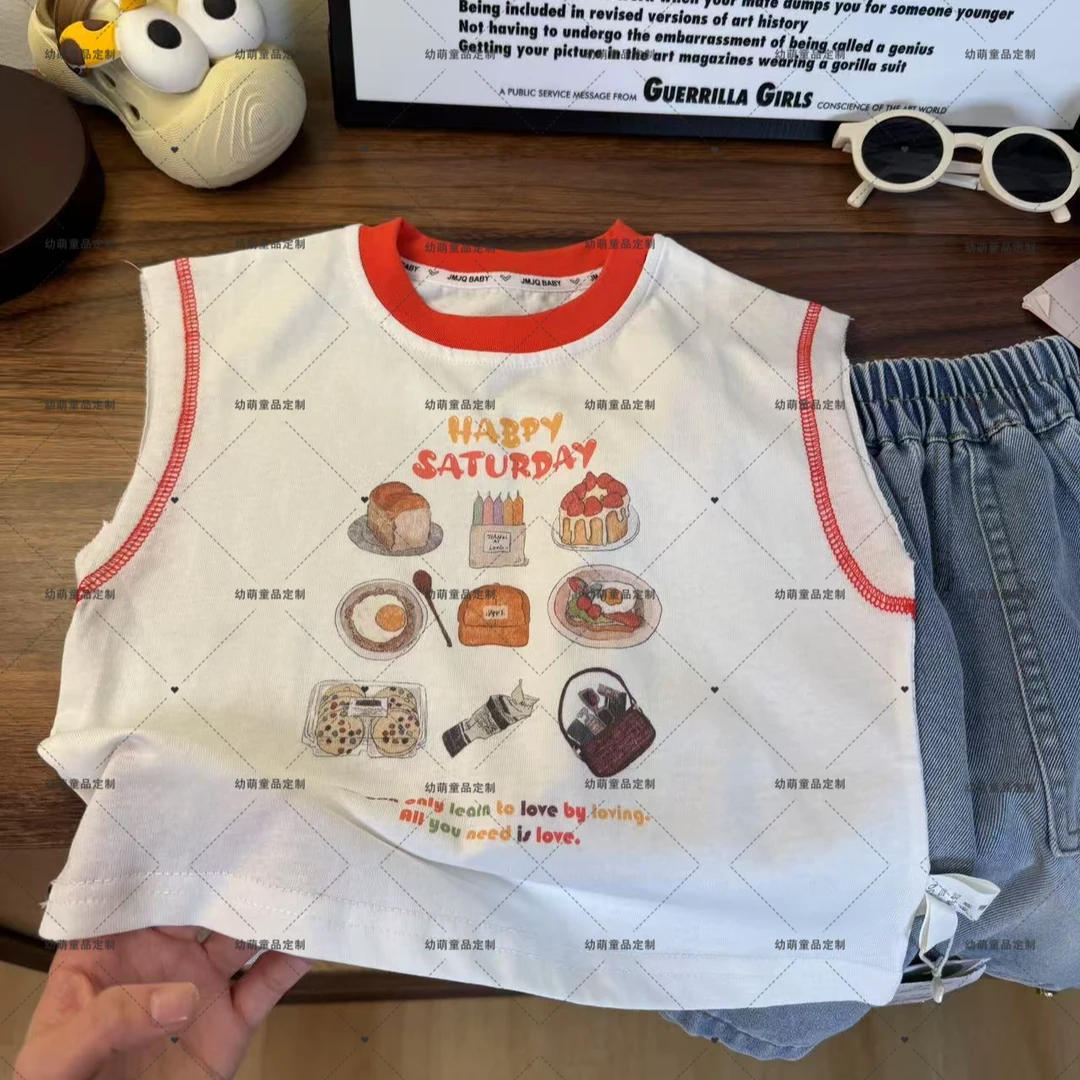 JMJQ 25317】夏季儿童韩版烘焙烫画明线清爽无袖衫背心