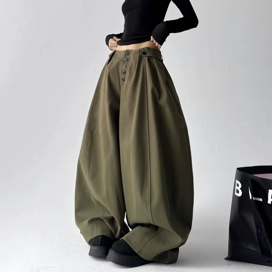 美式复古设计感纽扣牛仔裤女秋冬新款宽松百搭阔腿弯刀拖地长裤潮