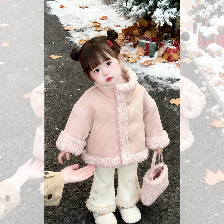 女童套装麂皮绒外套冬装2025新款小童女宝宝一体羊羔绒外套喇叭裤