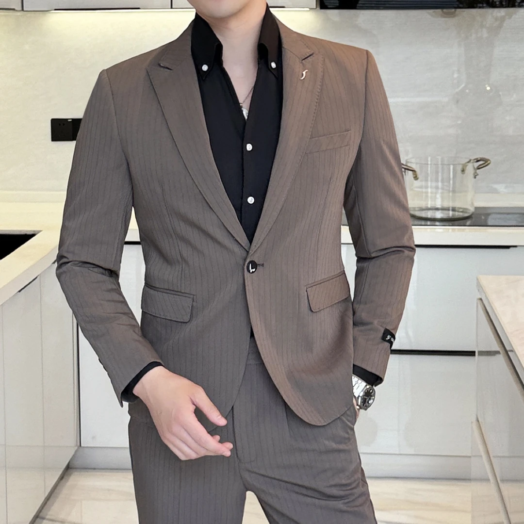 春秋条纹西服男秋冬新郎结婚礼服商务休闲西装上班面试职业装T5