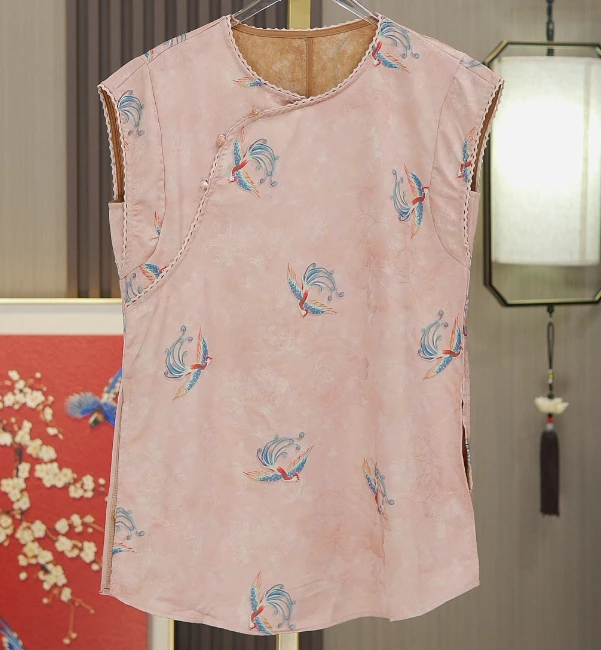 【奥黛-满凤 】新中式桑蚕丝气质时尚显瘦气质长款立领斜襟衫套装