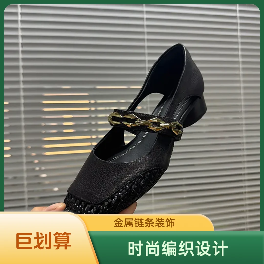 欧诺风大叔法式镂空夏季女鞋透气时尚编织方头一字带粗跟单鞋凉鞋