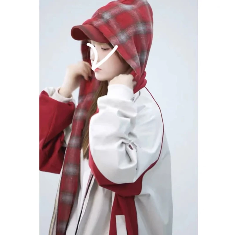 黑迟原创春新款美式机车格子衫假两件外套男女款情侣宽松夹克