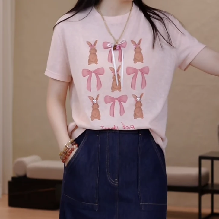 PM王囡囡 粉色蝴蝶结兔子圆领宽松短袖T恤 ND1C1374