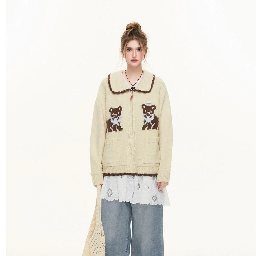 SPEAR YOUTH“小熊宅急送”小熊提花针织衫韩系甜美开衫毛衣外套