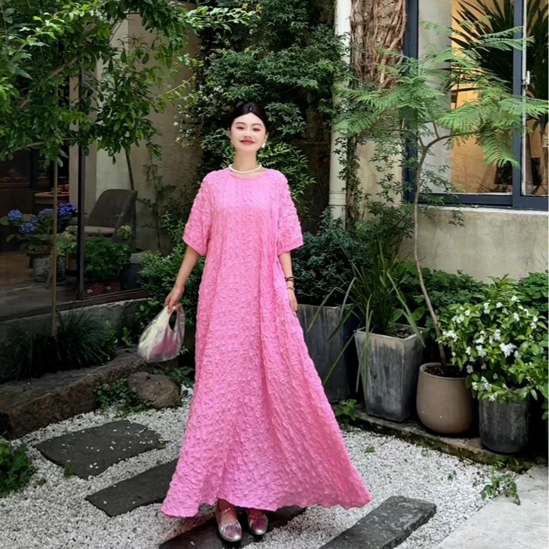 【轻歌漫舞】夏宽松圆领轻薄肌理感泡泡袖连衣裙