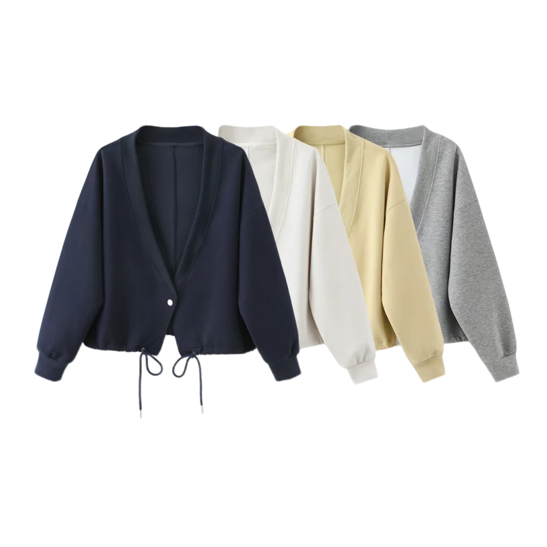 YG2513韩系V领抽绳开衫休闲抽褶短款开襟小香风短外套春秋长袖