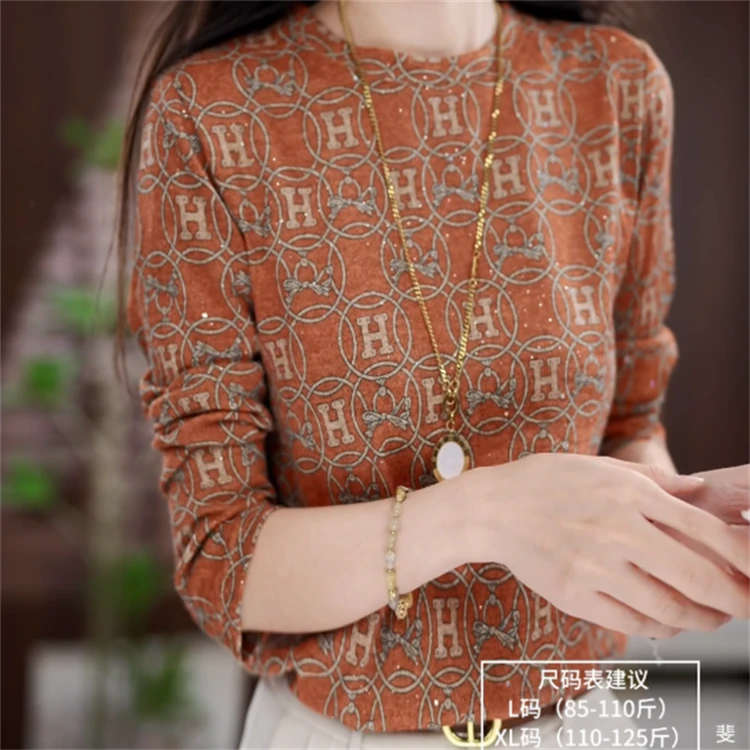 直播爆款打底衫秋季新款时尚上衣2025圆领复古印花长袖