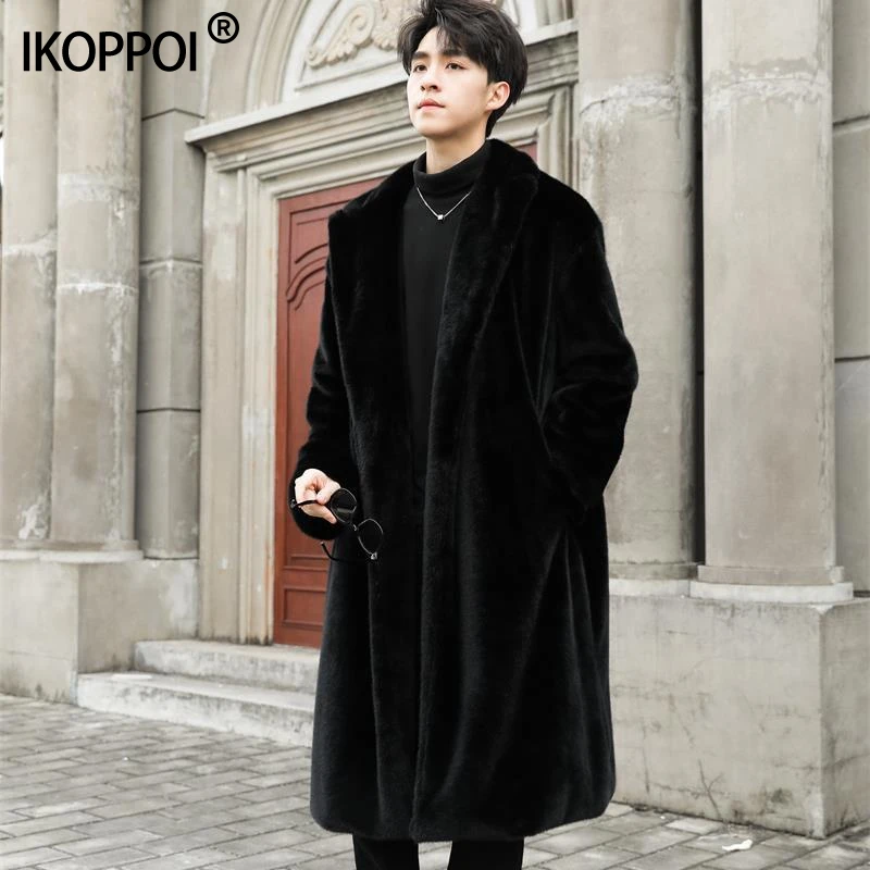 春秋仿水貂毛皮草大衣男款长款过膝人造皮草外套加厚保暖毛绒风衣