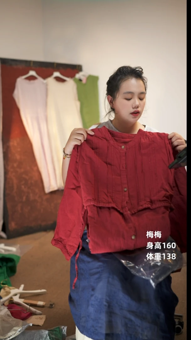 红色 麻棉连衣裙