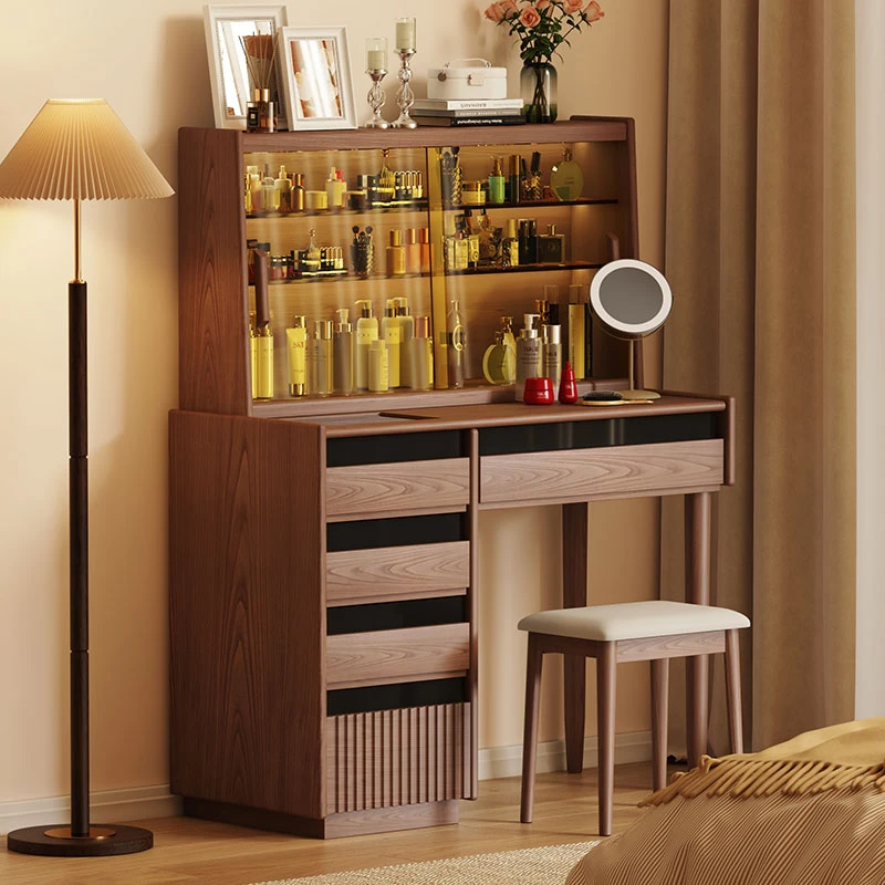 繁丰实木梳妆台卧室现代简约2025新款胡桃色梳妆桌收纳储物柜一体