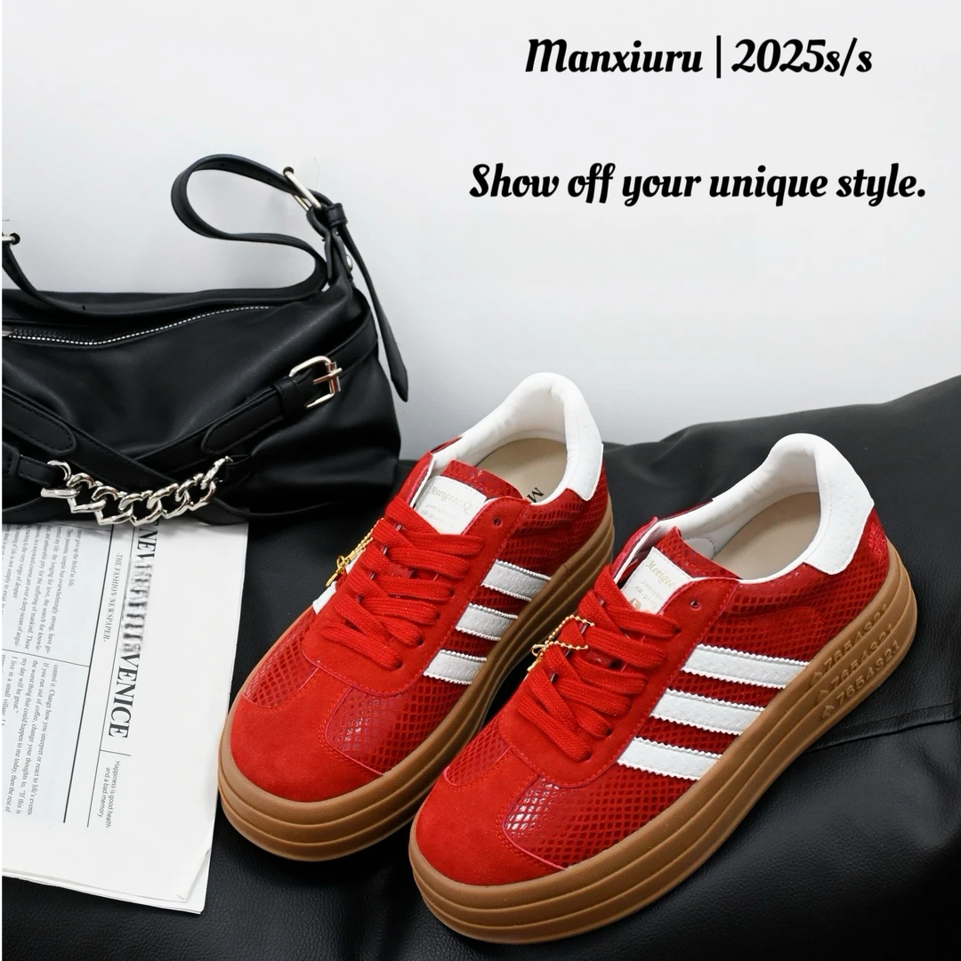 【曼曼】“蛇年限定”2025新款红色德训鞋真皮三层厚底休闲板鞋T头鞋