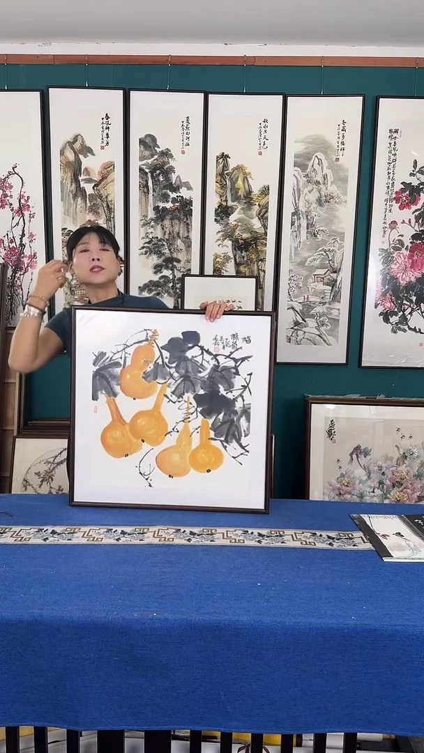 国画五福临门实木装裱63*63