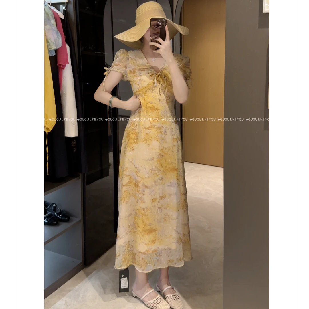 【古古】【麦穗裙】夏季小清新减龄韩系显瘦V领收腰皱皱连衣裙 G25530