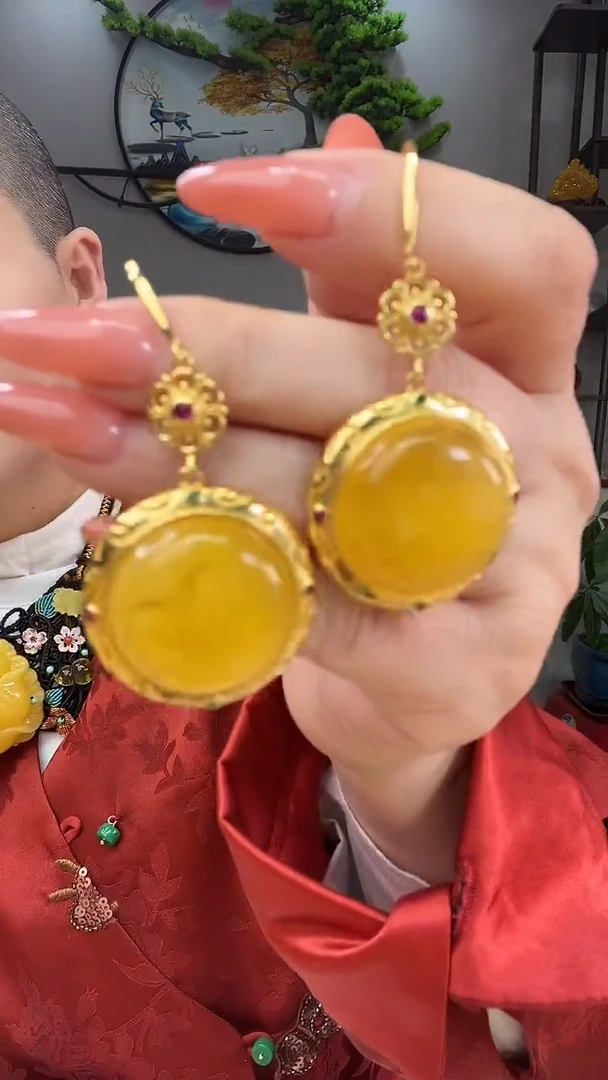 琥珀银S925镶嵌耳饰耳环