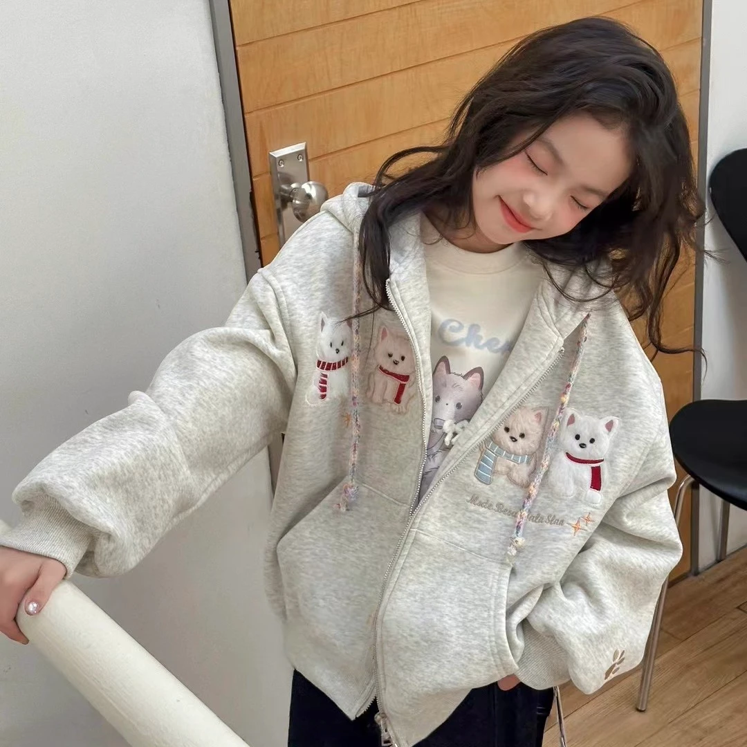韩国女童一体绒卡通连帽卫衣外套秋冬季女孩时尚休闲运动开衫上衣