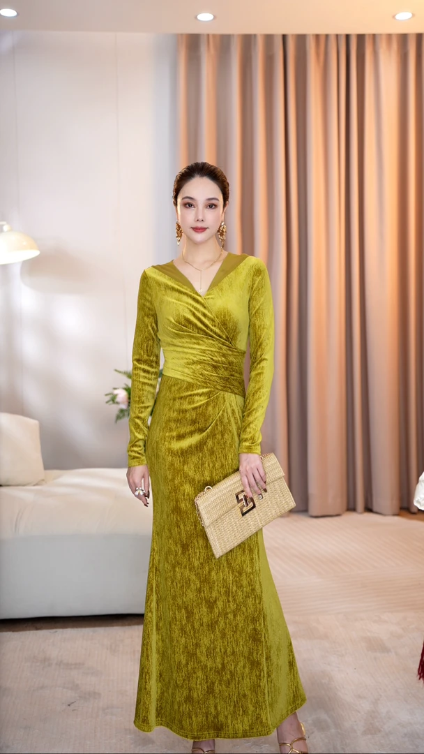 【君君】庄重典雅秋冬新款法式时尚气质修身收腰鱼尾连衣裙-SW0613