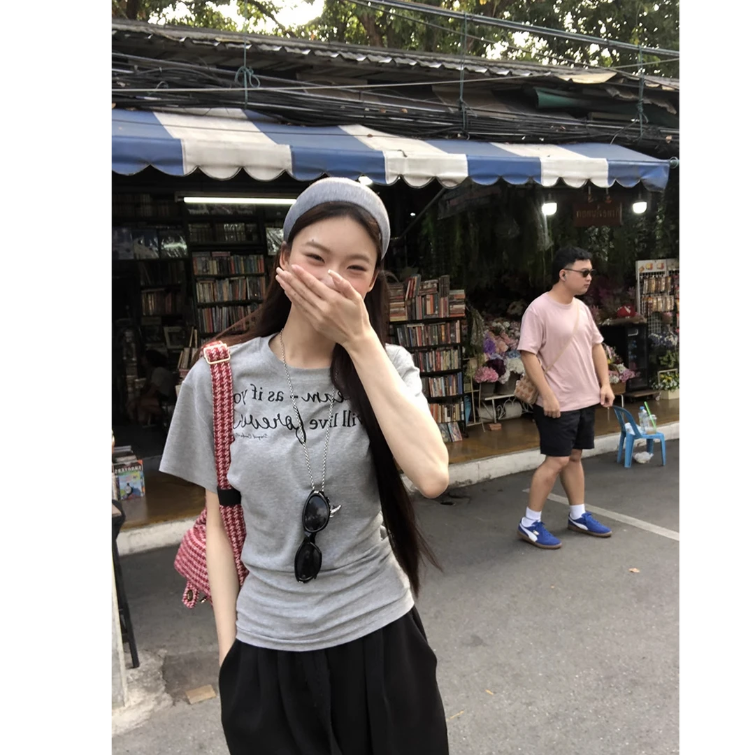 Not defined灰色韩系简约圆领短袖t恤女夏季修身显瘦印花独特上衣