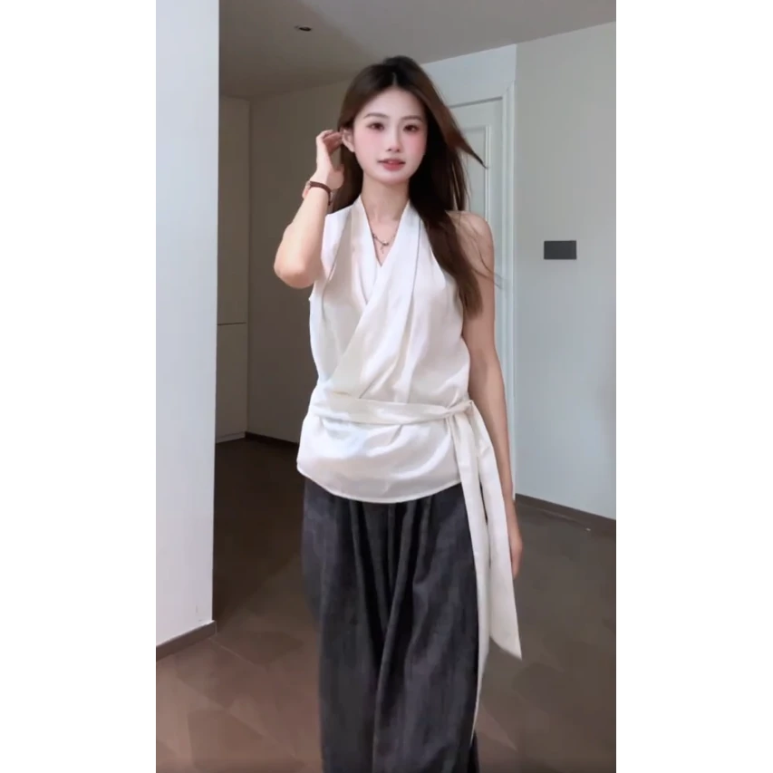 法式气质白色V领飘带无袖衬衫女夏季新款设计感小众收腰显瘦上衣