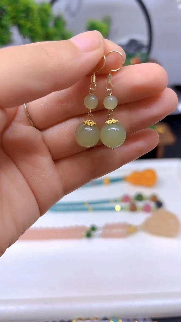 和田玉14K金镶嵌耳饰E774