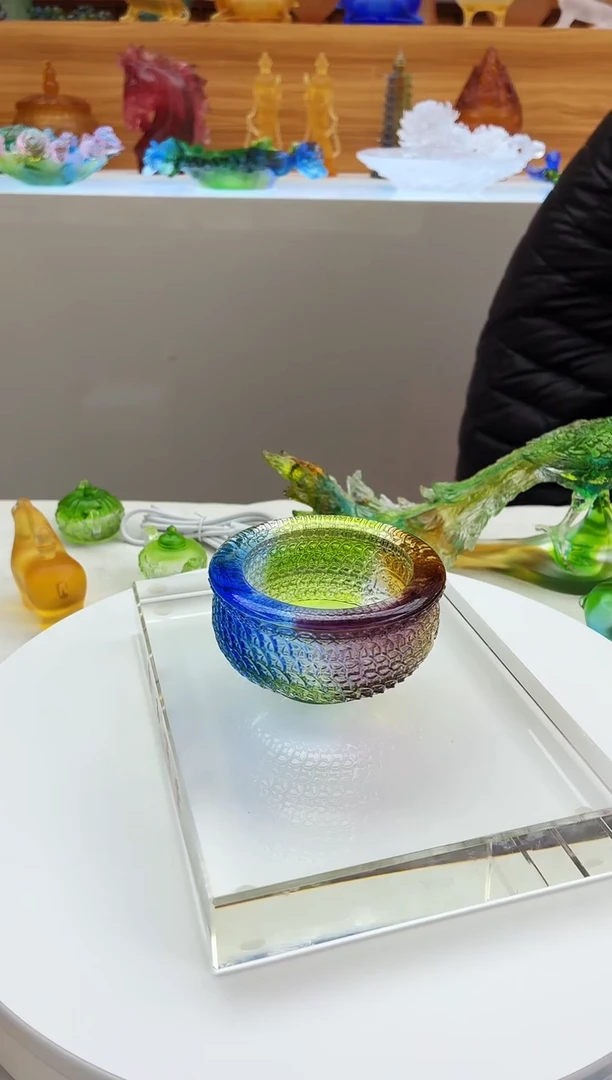 手工艺品琉璃钱币聚宝盆彩色9*5公分