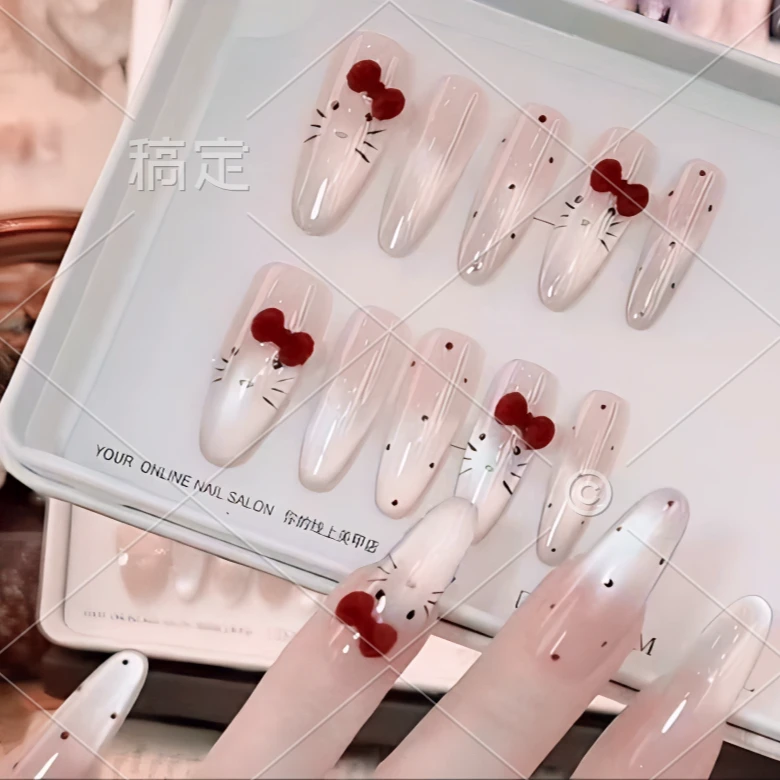 （丝绒KT猫）手工穿戴甲可爱猫眼蝴蝶结冰透显白美甲高级感冬