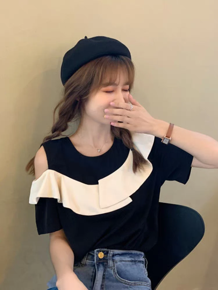 夏季新款荷叶边露肩短袖T恤女小众设计感法式拼接撞色洋气衣服女
