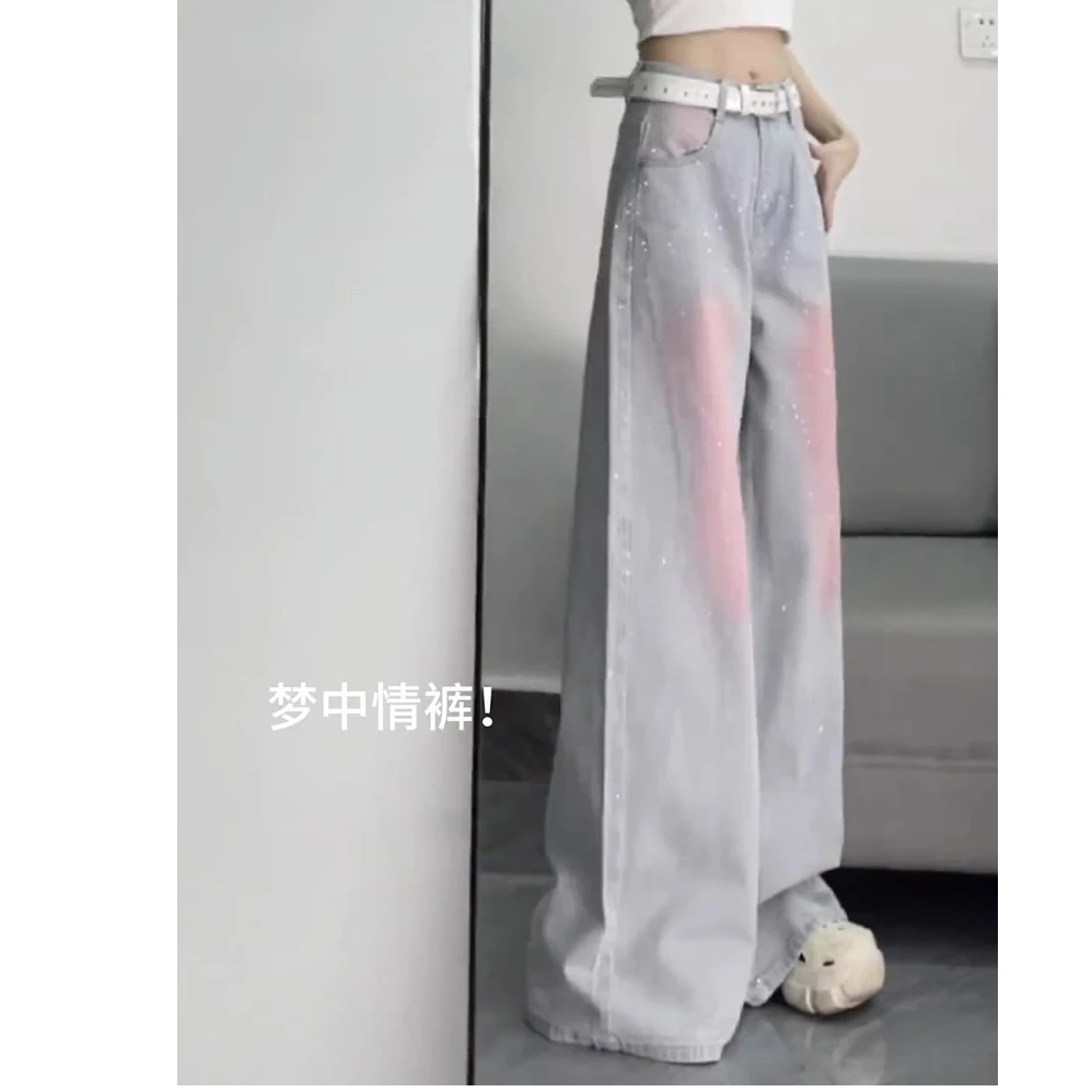 高腰设计感重工烫钻牛仔裤女春夏大码胖mm宽松百搭洋气直筒阔腿裤