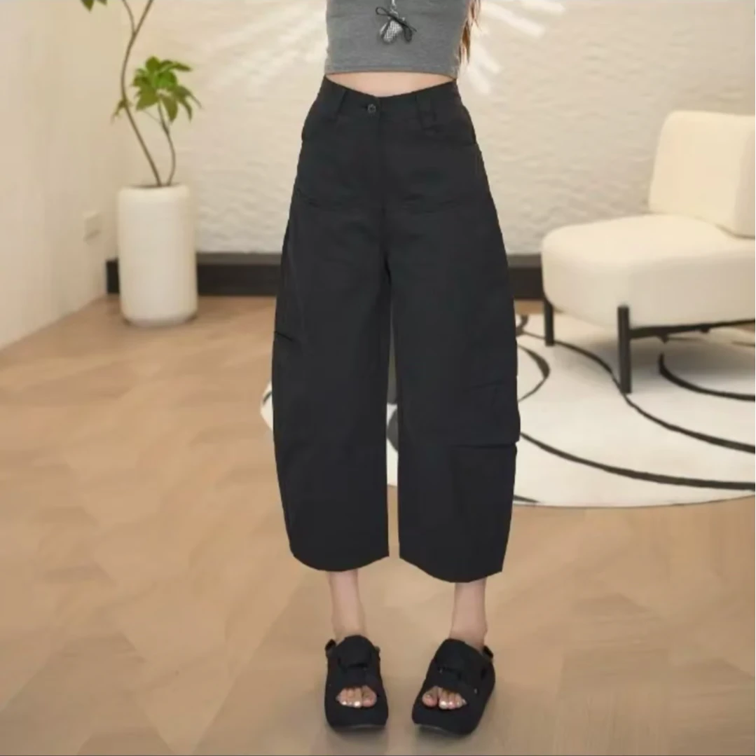 朵品阔腿裤显瘦弯刀八分工装裤女装宽松直筒休闲裤黑色梨形身材