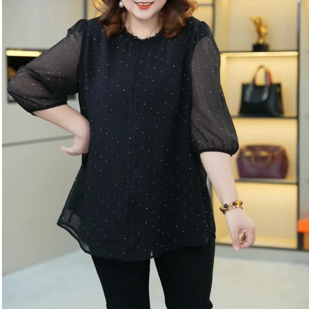 苏兰诺大码女装夏透气波点优雅气质遮肚休闲宽松上衣七分袖ZB7304
