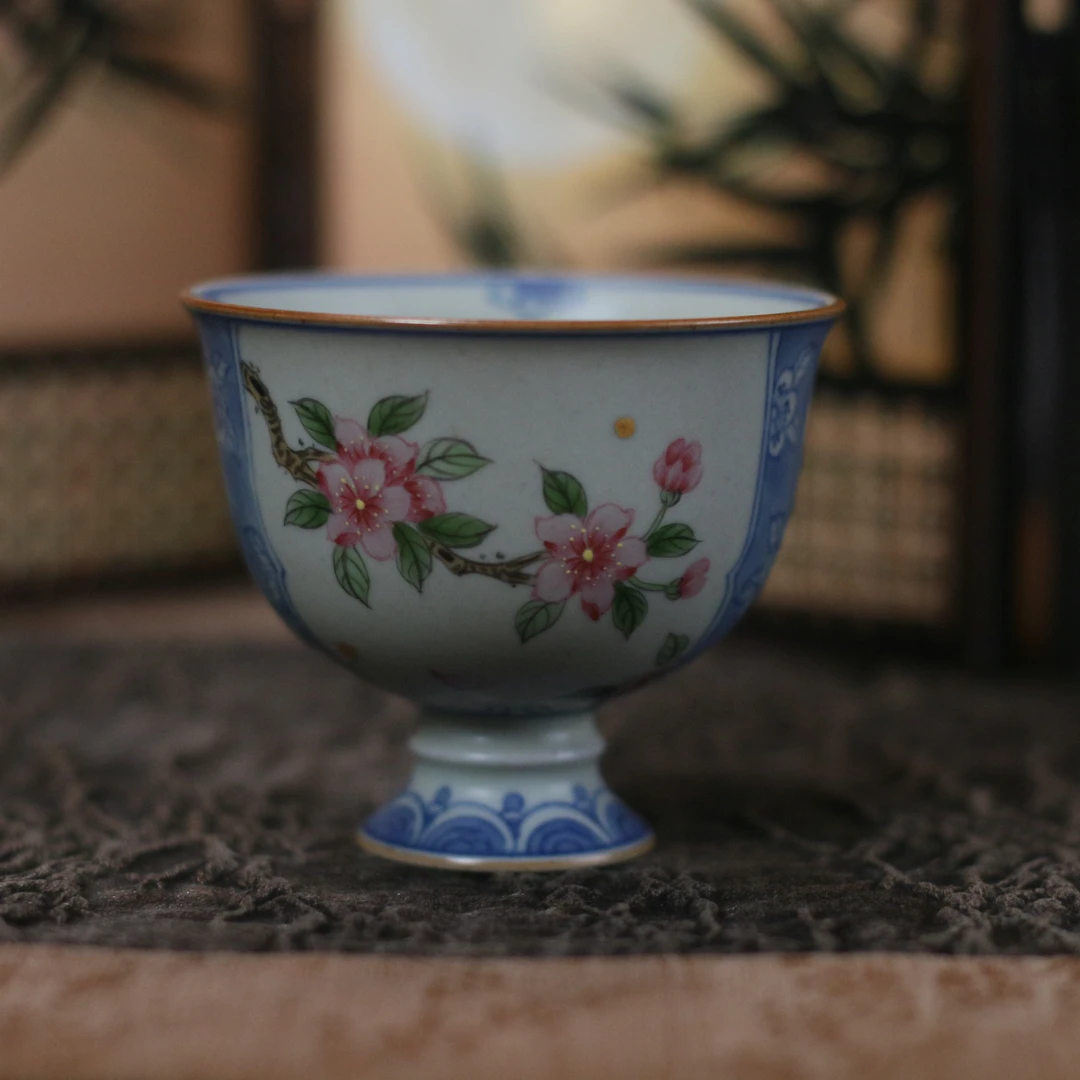 【素谷籣兮】纯手工手绘复古陶瓷青花缠枝莲釉上彩海棠花高脚主人杯