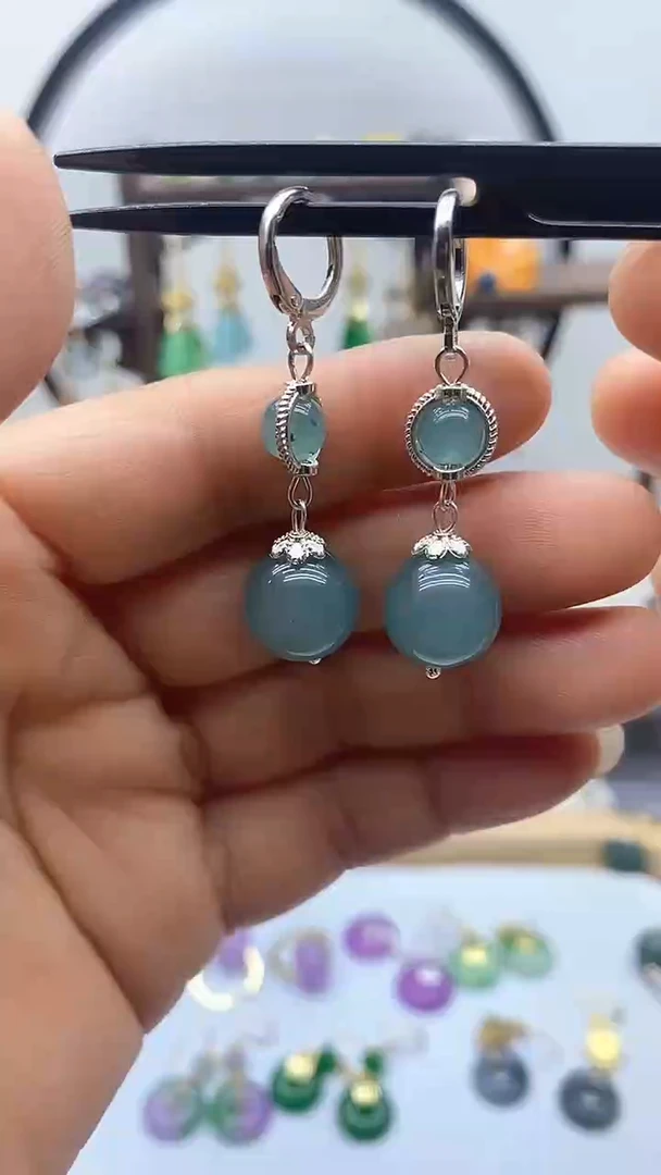 石英质玉（非洲翠）银S925镶嵌耳饰62