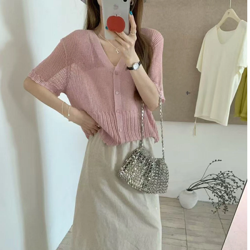 高端货~韩风v领单排扣短袖冰丝针织开衫女夏薄款宽松显瘦甜美上衣