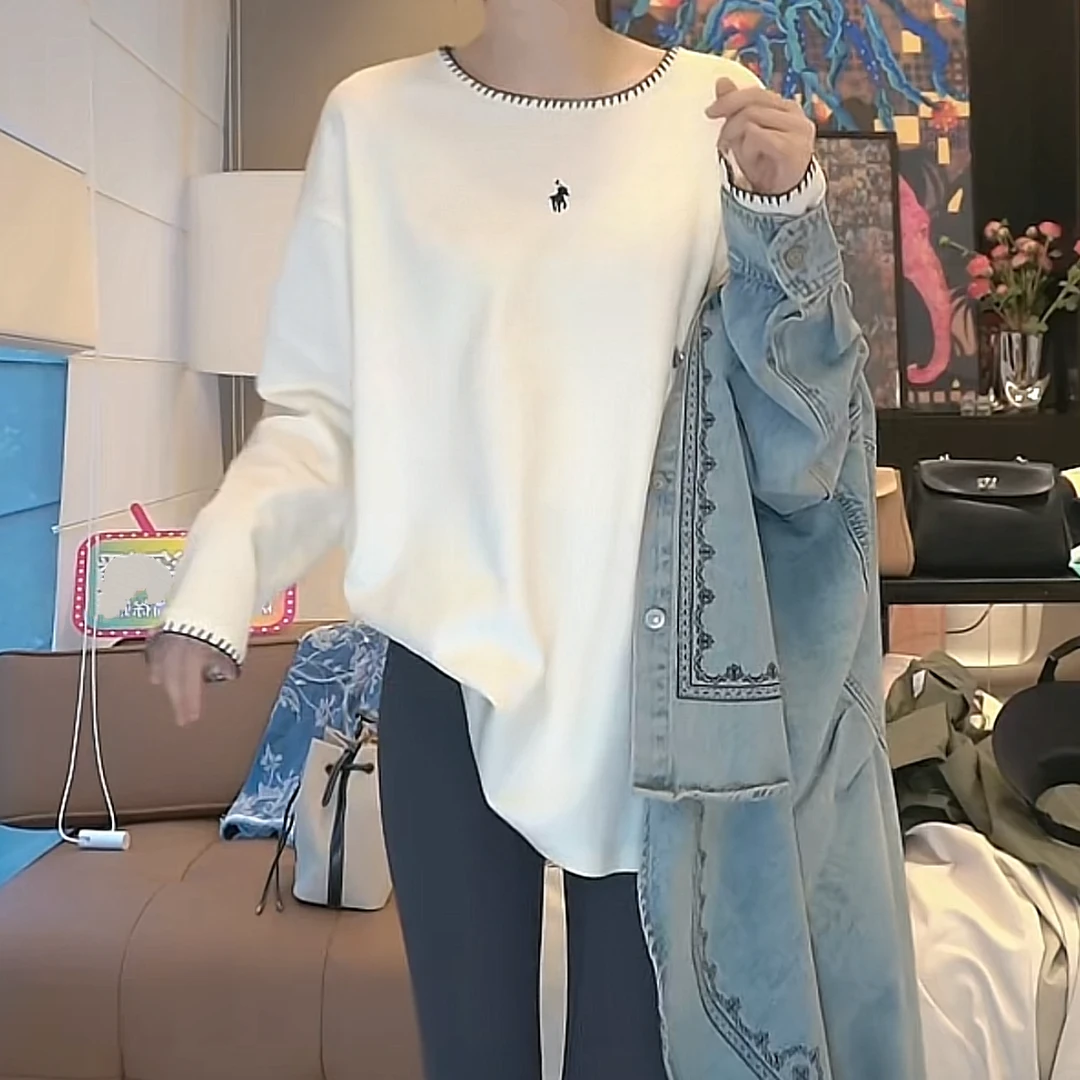 简约小马刺绣宽松百搭大版休闲长袖T恤女2025新款春季设计感上衣