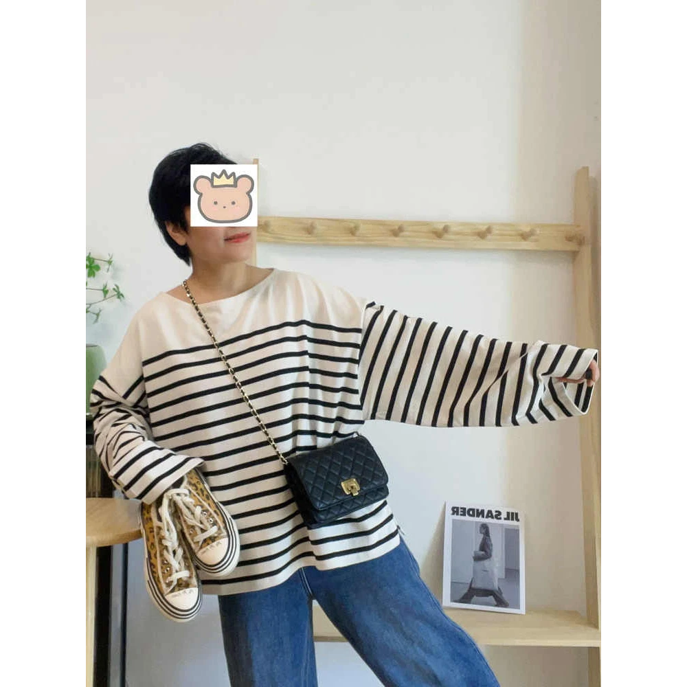 条纹对齐重磅全棉！日单日系INS春季女装宽松条纹T恤衫松弛感452E