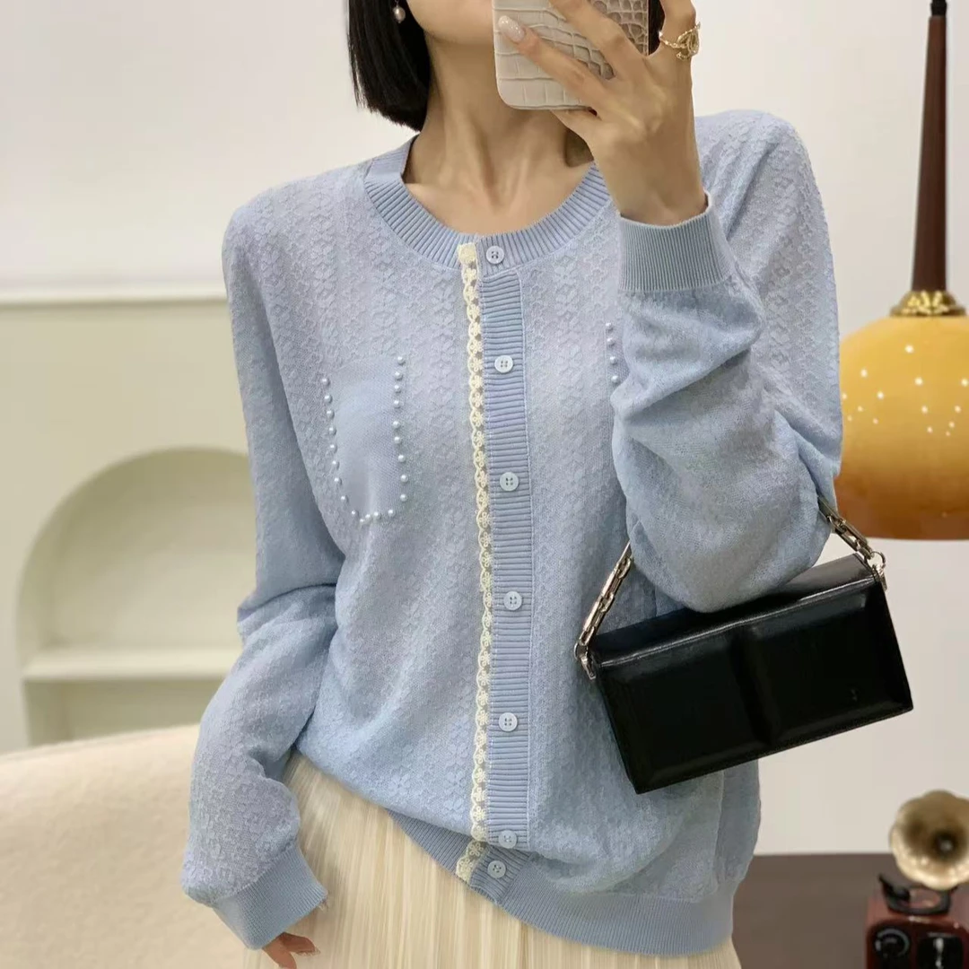 【思思精选】夏季时尚气质圆领蕾丝镂空提花显瘦百搭针织衫A665#