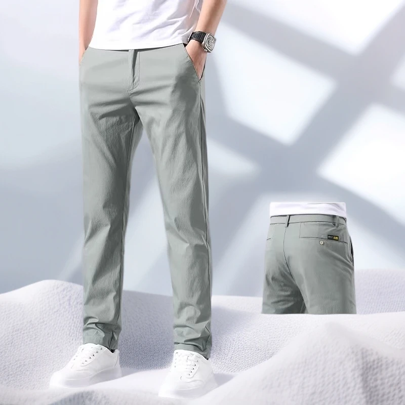 宾斯洛特夏季冰丝休闲裤男修身直筒薄荷绿裤子新款夏薄款速干男裤