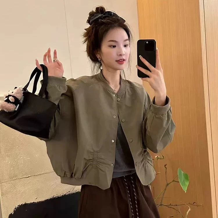 欧版圆领单排扣褶皱设计长袖短外套2025秋新宽松显瘦减龄上衣 03