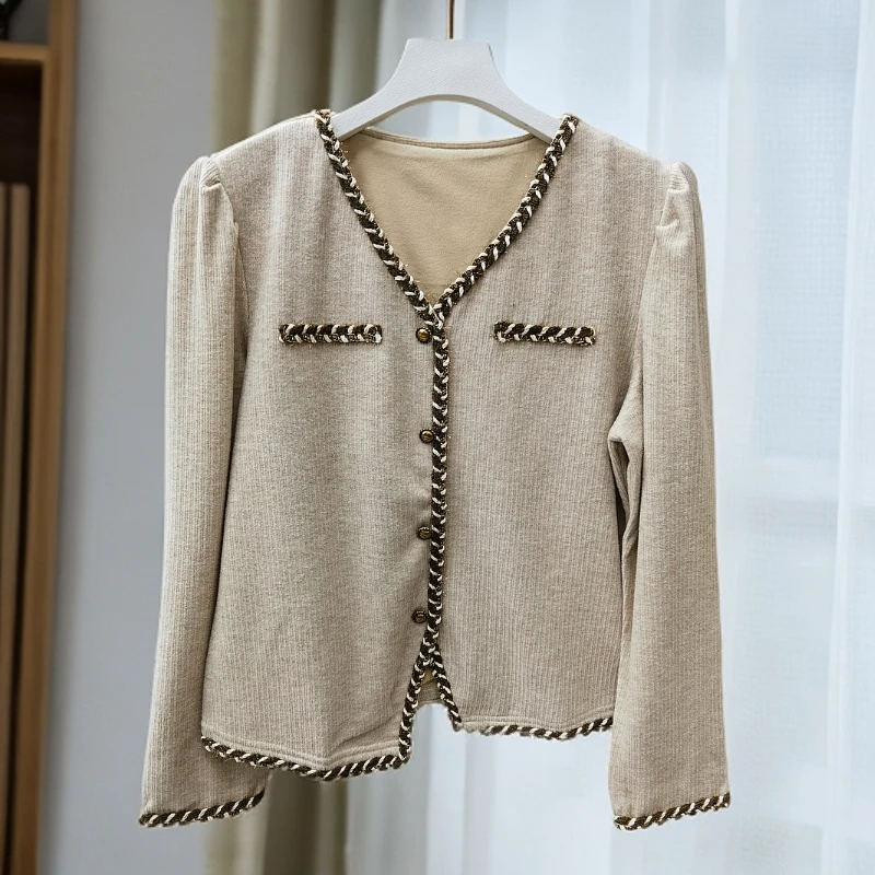 衣源7557#衬衫春秋长袖针织衫开衫上衣显瘦短款百搭轻奢（长约54）