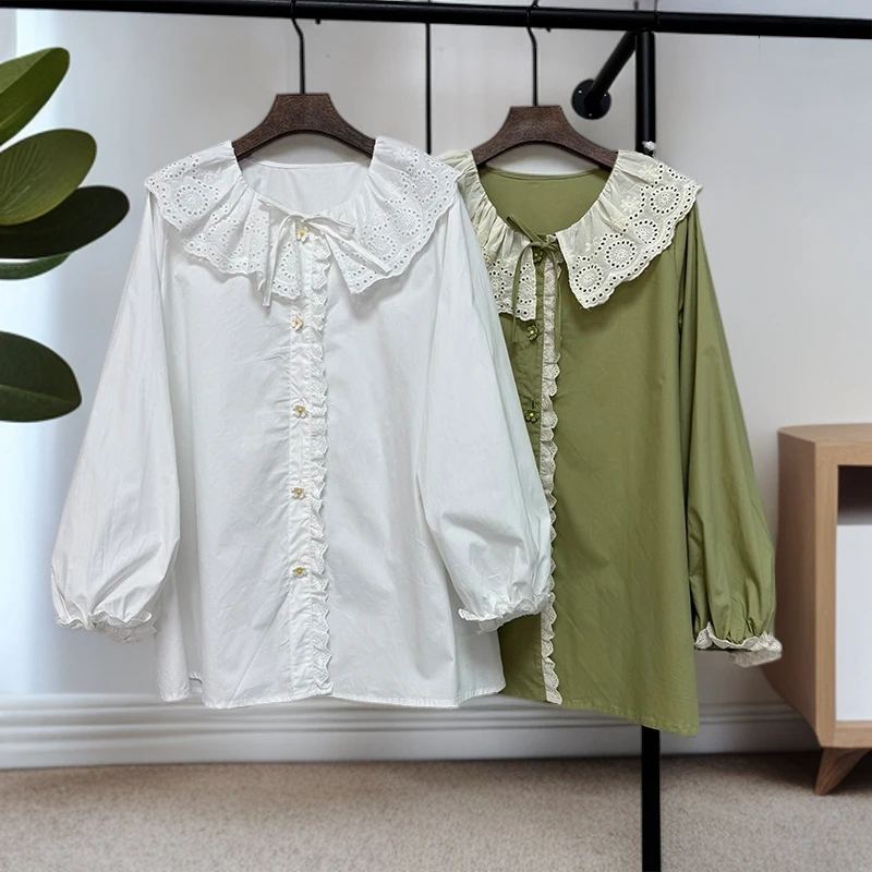 大码女装娃娃领长袖衬衫120斤到240斤胖mm遮肚子显瘦洋气减龄秋季