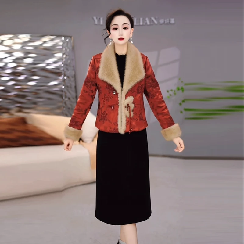 云锦缎气质新中式国风裙套装2025冬季新款时尚洋气棉服外套连衣裙